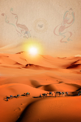 黄色写实沙漠骆驼日落纹理敦煌壁画海报背景敦煌文化纹理祥云
